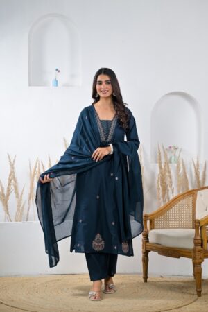 Midnight Navy Blue Cotton 3-Piece Ready-to-Wear Straight Kurta Pant Set with Embroidered Dupatta