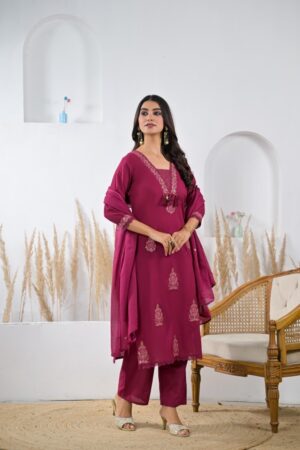Rani Pink Cotton 3-Piece Ready-to-Wear Straight Kurta Pant Set with Embroidered Dupatta