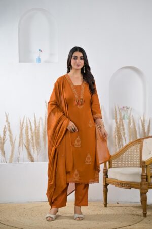 Rust Orange Cotton 3-Piece Ready-to-Wear Straight Kurta Pant Set with Embroidered Dupatta