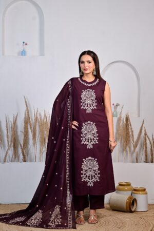 Wine Maroon Cotton 3-Piece Ready-to-Wear Straight Kurta Pant Set with Floral Embroidered Dupatta