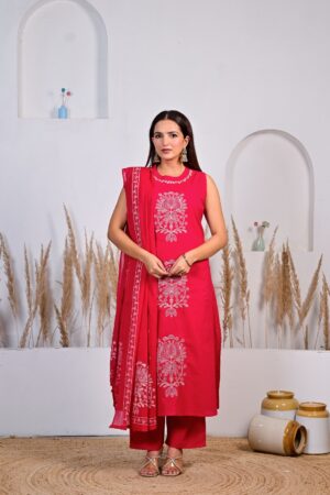 Rani Pink Cotton 3-Piece Ready-to-Wear Flared Kurta Pant Set with Dupatta