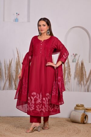 Wine Red Cotton 3-Piece Ready-to-Wear Flared Kurta Pant Set with Dupatta