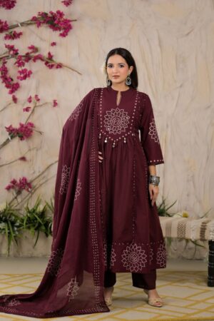 Wine Maroon Cotton 3-Piece Ready-to-Wear Anarkali Kurta Pant Set with Dupatta