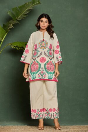 Cream Cotton 2-Piece Co-ord Set with Multicolor Floral Print & Wide-Leg Palazzo