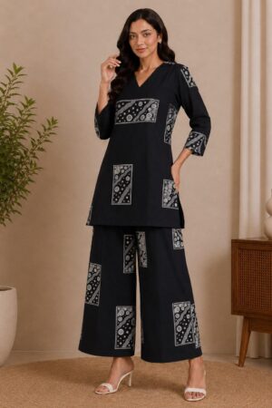 Black Rayon 2-Piece Co-ord Set with White Ethnic Patch Print & Wide-Leg Palazzo