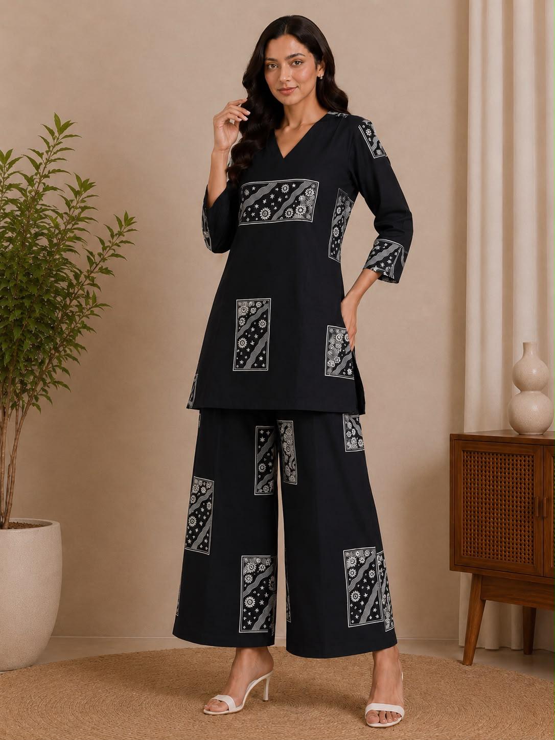Black Rayon 2-Piece Co-ord Set with White Ethnic Patch Print & Wide-Leg Palazzo