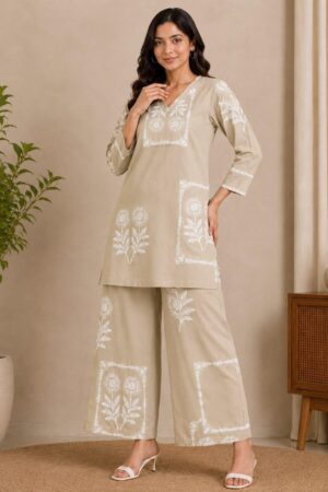 Beige Rayon 2-Piece Co-ord Set with White Floral Print & Wide-Leg Palazzo