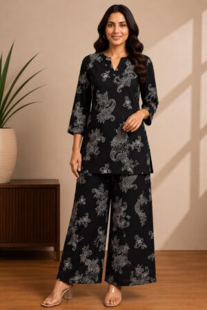 Black Rayon 2-Piece Co-ord Set with Grey Paisley Floral Print & Wide-Leg Palazzo
