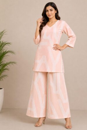 Peach Pink Rayon 2-Piece Co-ord Set with White Abstract Stripe Print & Wide-Leg Palazzo