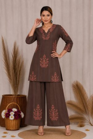 Chocolate Brown Rayon 2-Piece Co-ord Set with Rust Floral Motif Print & Wide-Leg Palazzo