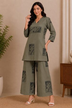 Khaki Grey Rayon 2-Piece Co-ord Set with Black Ethnic Patch Print & Wide-Leg Palazzo