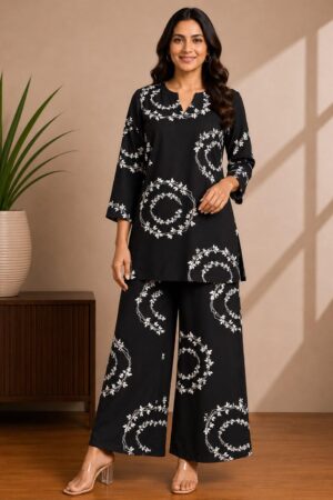 Black Rayon 2-Piece Co-ord Set with White Floral Vine Print & Wide-Leg Palazzo