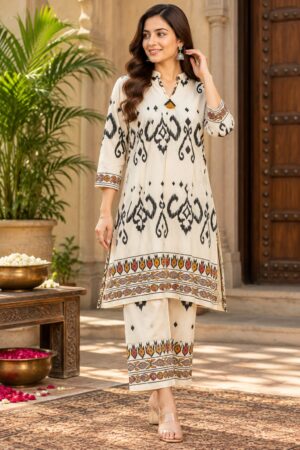 Cream & Black Ikat-Inspired Crepe 2-Piece Ready-to-Wear Kurta Pant Set with Ethnic Border Print