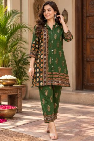 Bottle Green Crepe 2-Piece Ready-to-Wear Kurta Pant Set with Ethnic Ajrakh-Inspired Print