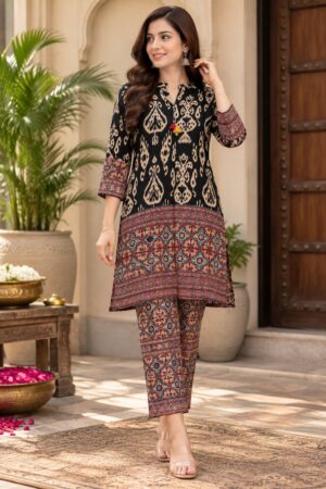 Black & Rust Ajrakh-Inspired Crepe 2-Piece Ready-to-Wear Kurta Pant Set with Ethnic Print