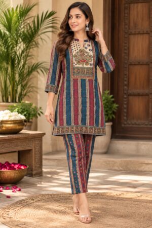 Multicolor Striped Crepe 2-Piece Ready-to-Wear Kurta Pant Set with Ethnic Yoke Print