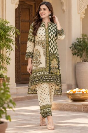 Cream & Mehendi Green Crepe 2-Piece Ready-to-Wear Kurta Pant Set with Patchwork-Inspired Ethnic Print