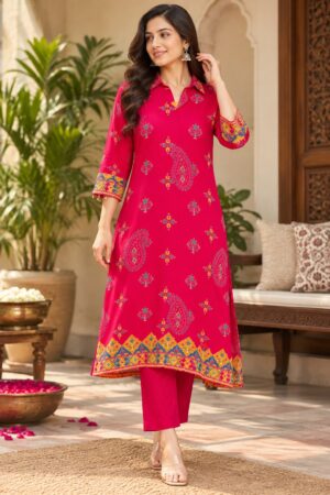 Rani Pink Crepe 2-Piece Ready-to-Wear Long Kurta Pant Set with Multicolor Ethnic Print