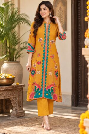 Mustard Yellow Crepe 2-Piece Ready-to-Wear Long Kurta Pant Set with Multicolor Floral Print