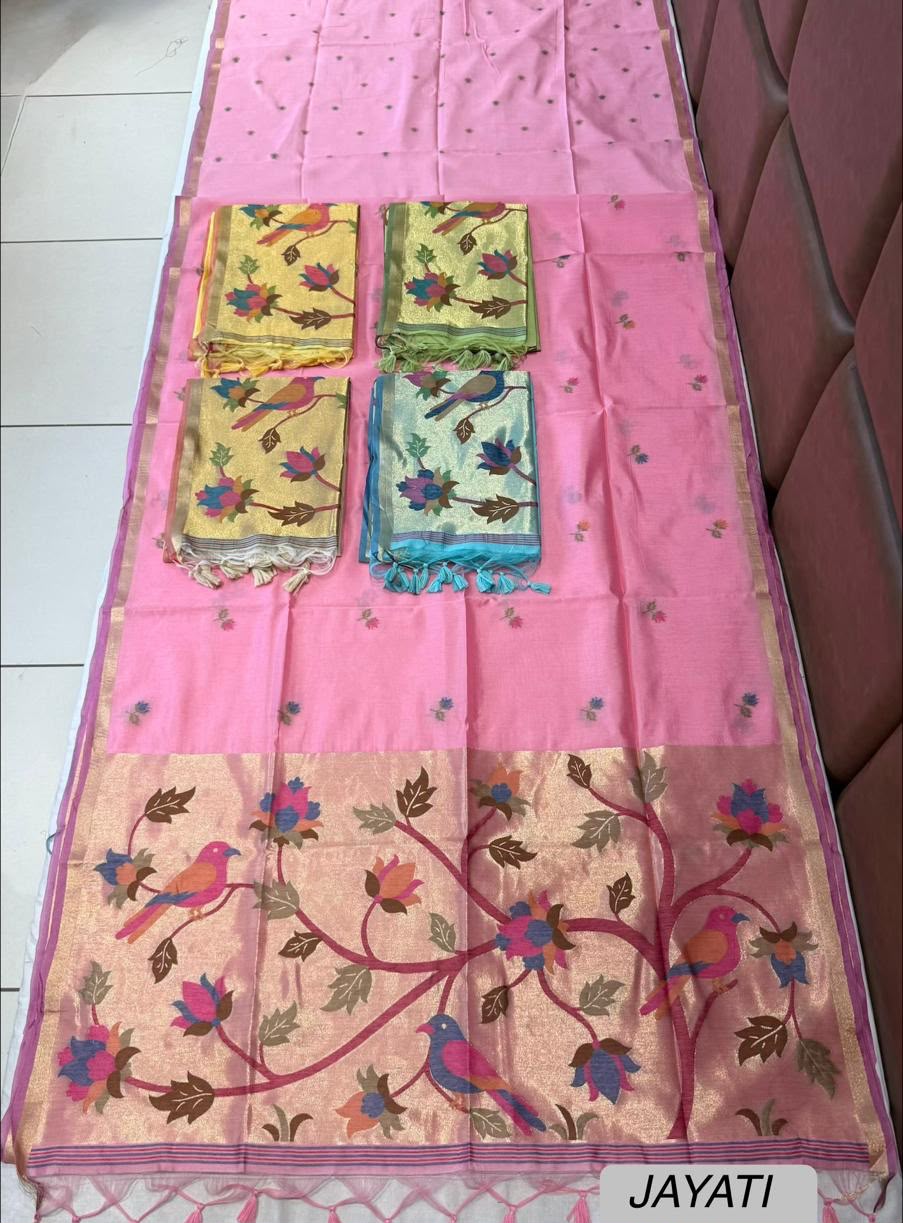 Blush Pink Jamdani Saree with Bird & Floral Vine Pallu, Golden Zari Border & Tassels - Image 2