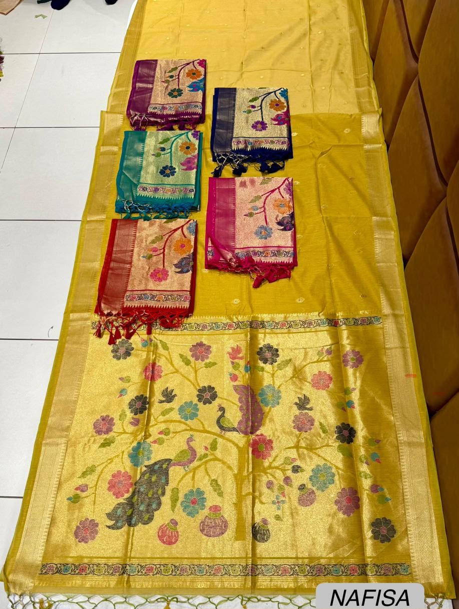 Mustard Yellow Jamdani Saree with Multicolour Peacock Tree Pallu & Golden Zari Border - Image 2