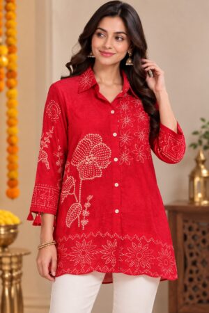 Red Crape Printed Short Top with Floral & Geometric Detailing
