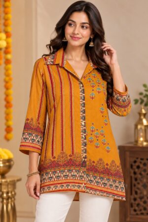 Mustard Yellow Crape Printed Short Top with Ethnic Border Design
