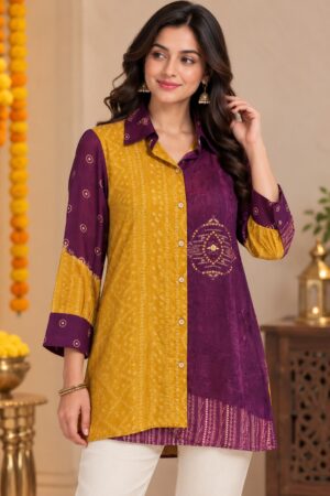 Mustard Yellow & Wine Purple Crape Bandhani Print Shirt Style Top