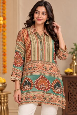 Beige & Sea Green Crape Traditional Paisley Printed Shirt Style Top