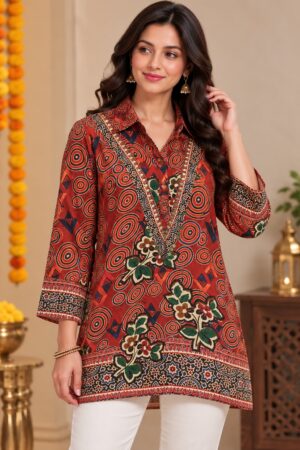 Rust Orange Crape Abstract Circle & Floral Printed Shirt Style Top for Women