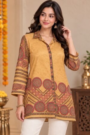 Mustard Beige Crape Mandala Printed Shirt Style Top for Women