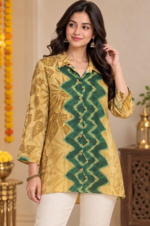 Mustard Beige & Bottle Green Crape Tie-Dye Printed Shirt Style Top for Women
