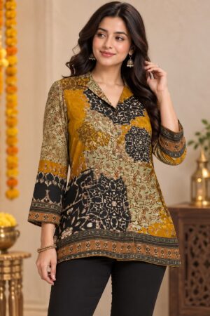 Mustard Black & Beige Crape Patchwork Floral Printed Shirt Style Top for Women