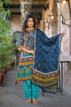 Deep Teal Blue Italian Crepe 3-Piece Ready-to-Wear Floral Printed Kurta Pant Set with Dupatta
