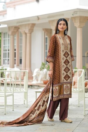 Mocha Brown Italian Crepe 3-Piece Ready-to-Wear Straight Kurta Pant Set with Printed Dupatta