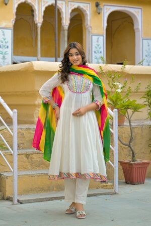 Ivory White Mul Chanderi 3-Piece Ready-to-Wear Flared Kurta Pant Set with Multicolor Dupatta