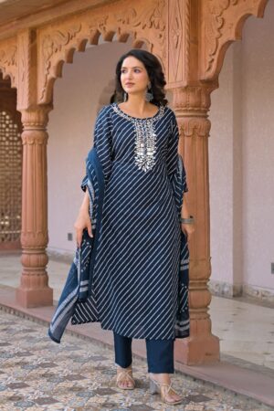 Midnight Navy Blue Cotton 3-Piece Ready-to-Wear Leheriya Kurta Pant Set with Dupatta