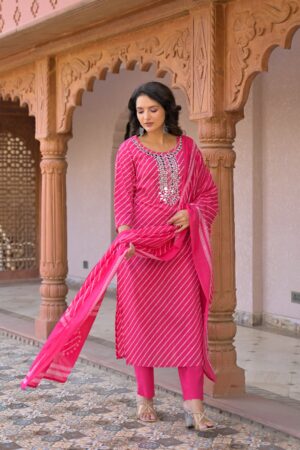 Rani Pink Cotton 3-Piece Ready-to-Wear Leheriya Straight Kurta Pant Set with Dupatta