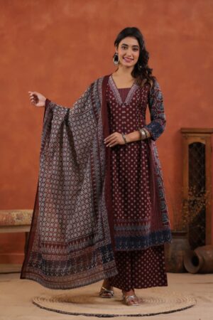 Deep Maroon Mul Cotton 3-Piece Ready-to-Wear Straight Kurta Palazzo Set with Printed Dupatta