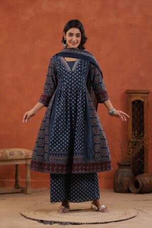 Midnight Navy Blue Mul Cotton 3-Piece Ready-to-Wear Flared Kurta Palazzo Set with Dupatta