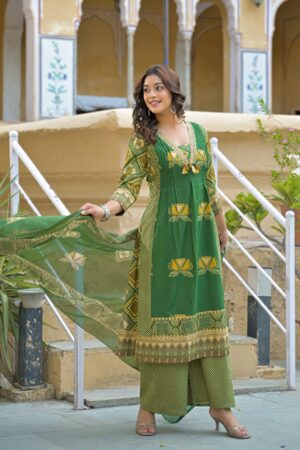 Emerald Green Cotton 3-Piece Ready-to-Wear Flared Kurta Palazzo Set with Printed Dupatta
