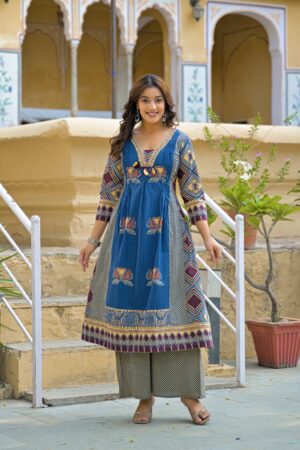 Royal Blue Cotton 3-Piece Ready-to-Wear Flared Kurta Palazzo Set with Printed Dupatta