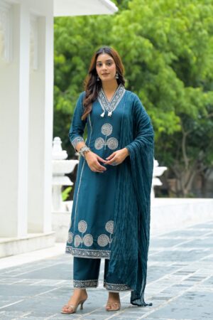 Deep Teal Blue Mul Cotton 3-Piece Ready-to-Wear Kurta Pant Set